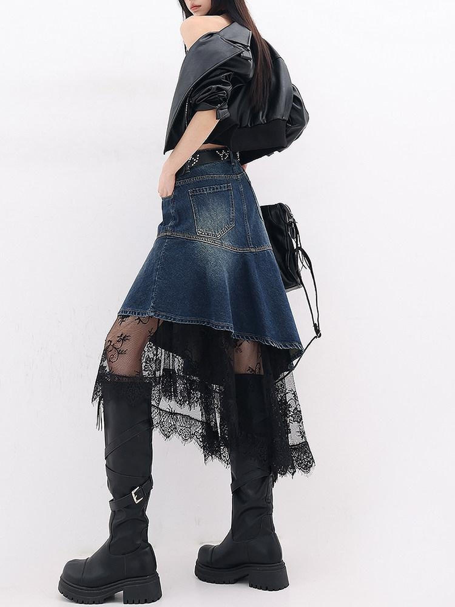 QIUQIU STUDIO Asymmetric Hem Lace Patchwork A Line Women&