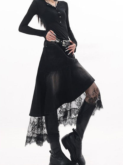 QIUQIU STUDIO Asymmetric Hem Lace Patchwork A Line Women&