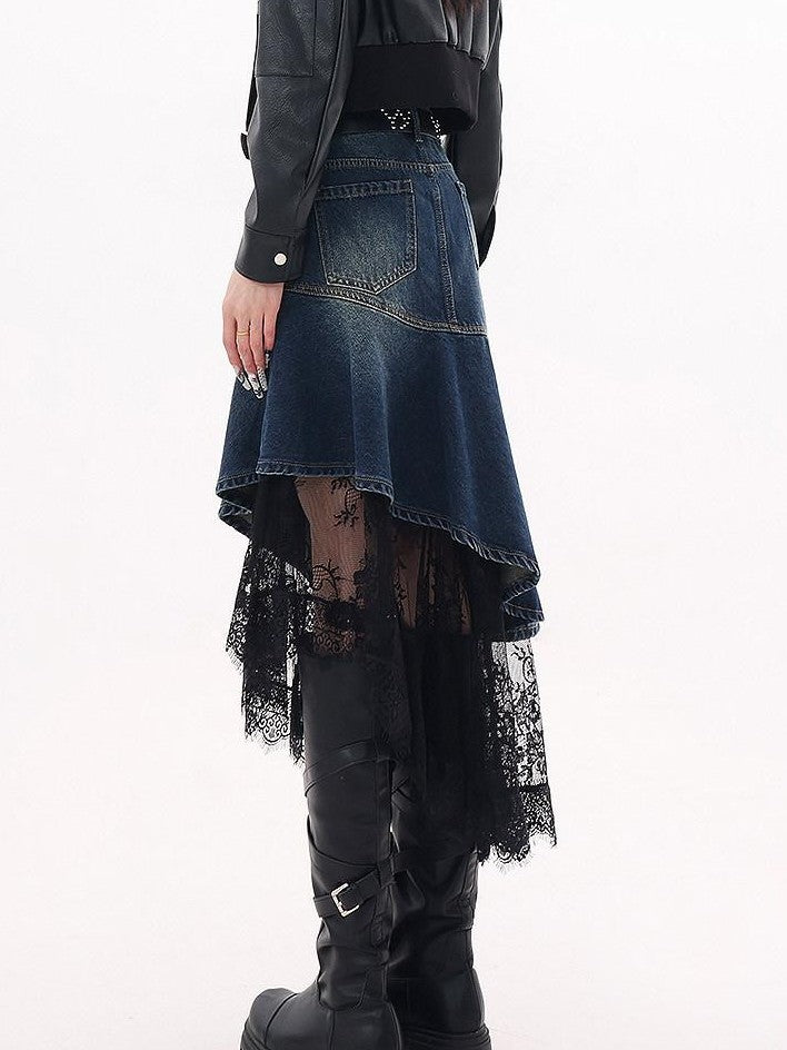 QIUQIU STUDIO Asymmetric Hem Lace Patchwork A Line Women&