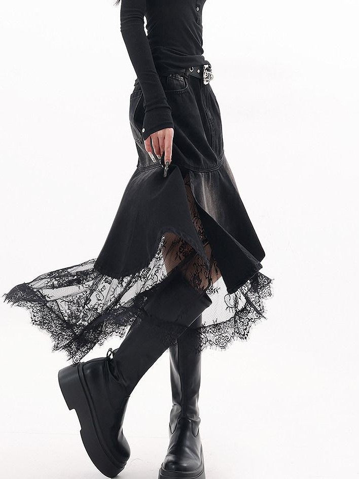 QIUQIU STUDIO Asymmetric Hem Lace Patchwork A Line Women&