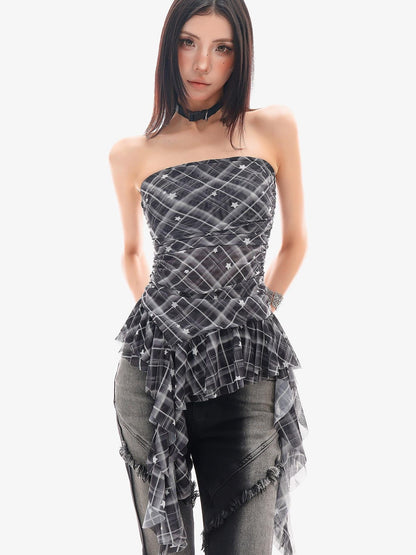 QIUQIU STUDIO Asymmetric Hem Plaid Patchwork Women&