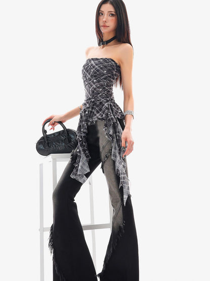 QIUQIU STUDIO Asymmetric Hem Plaid Patchwork Women&