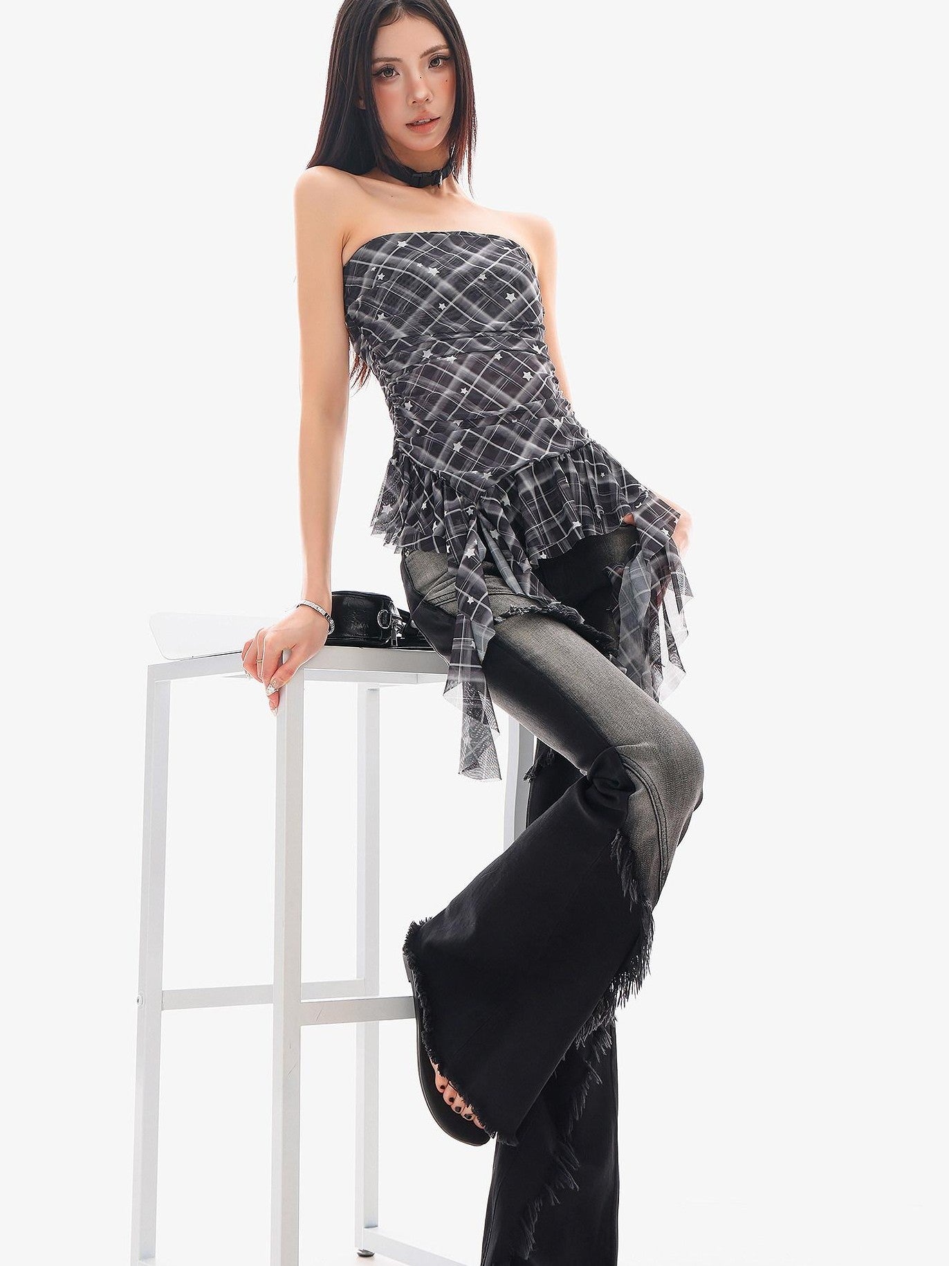 QIUQIU STUDIO Asymmetric Hem Plaid Patchwork Women&