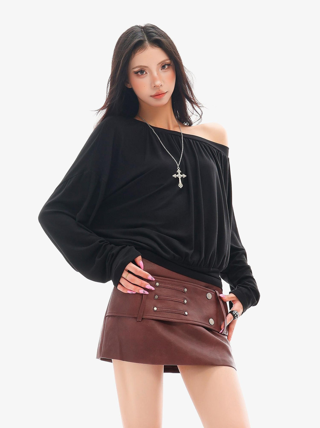 QIUQIU STUDIO Asymmetric Ruched One Shoulder Loose Fit Women&