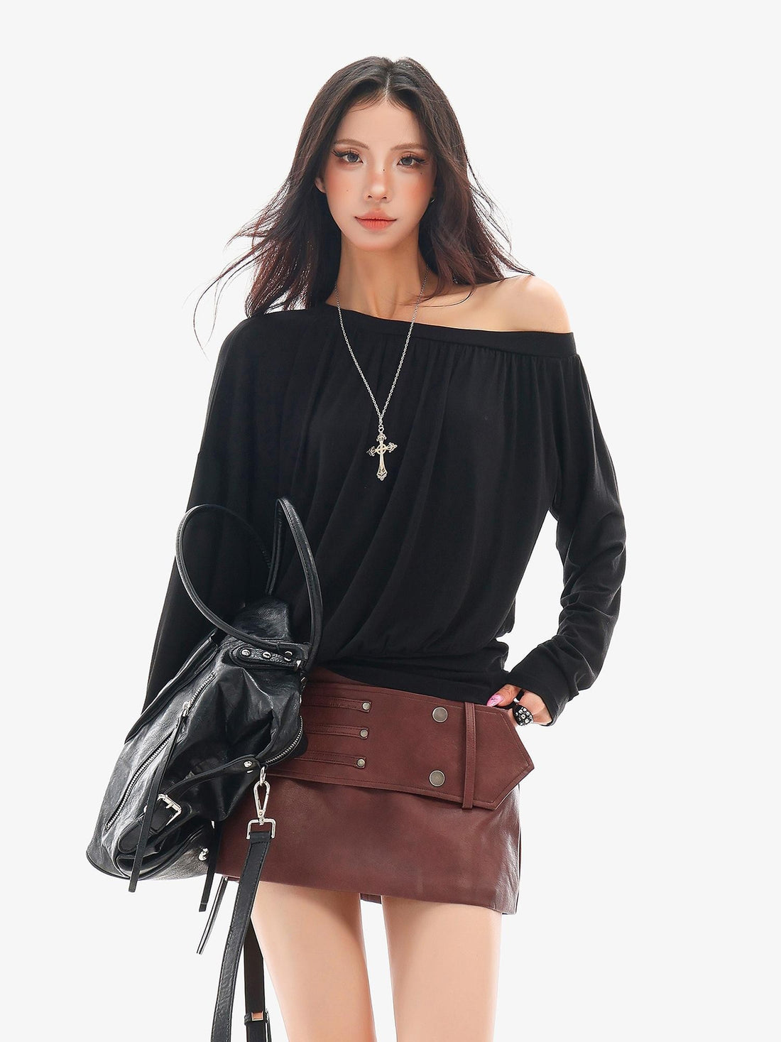 QIUQIU STUDIO Asymmetric Ruched One Shoulder Loose Fit Women&