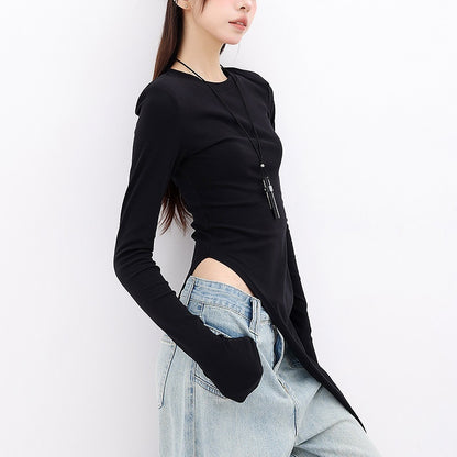 QIUQIU_STUDIO_Asymmetric_Side_Slit_Crewneck_Women&