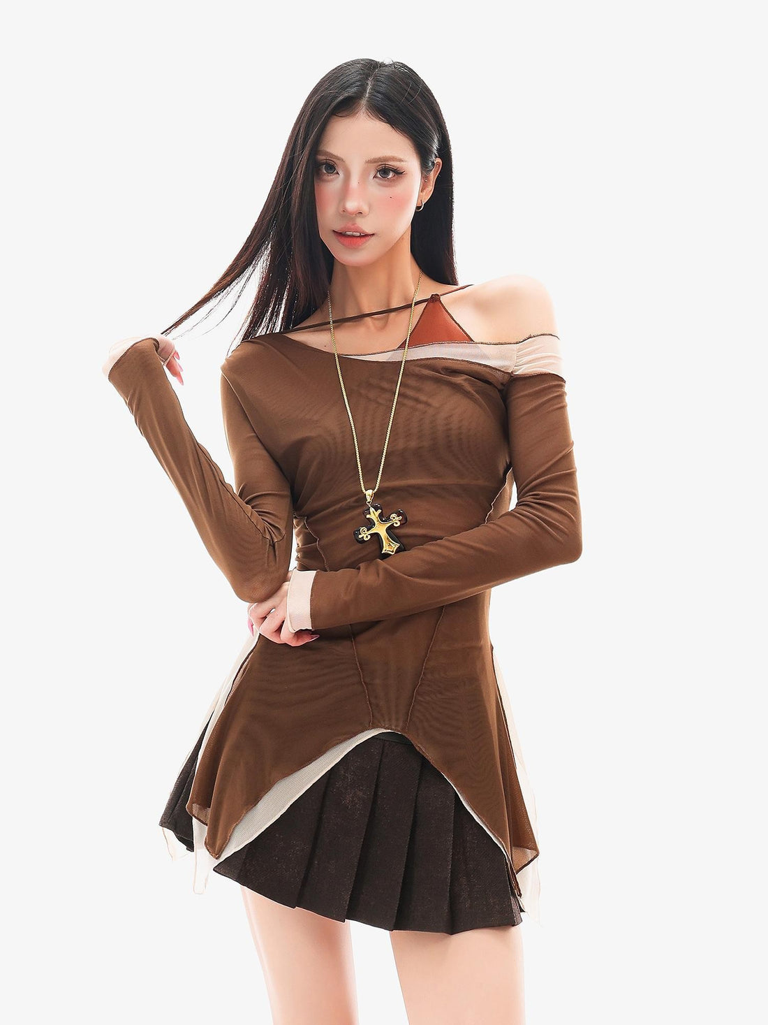 QIUQIU STUDIO Asymmetric Slant Shoulder Mesh Spliced Slim Fit Women&