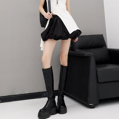 QIUQIU_STUDIO_Black_A_Line_Tulip_Bubble_Hem_Mid_Waist_Lined_Solid_Women&