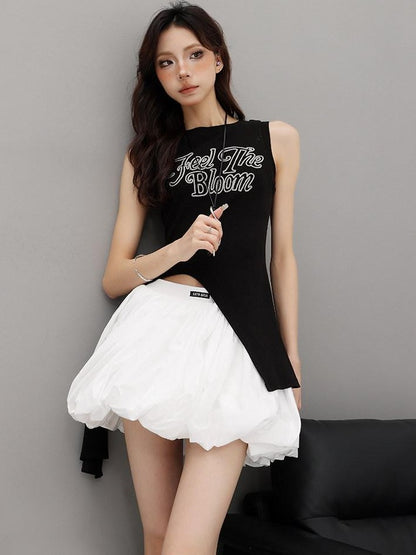 QIUQIU STUDIO Black A Line Tulip Bubble Hem Mid Waist Lined Solid Women&