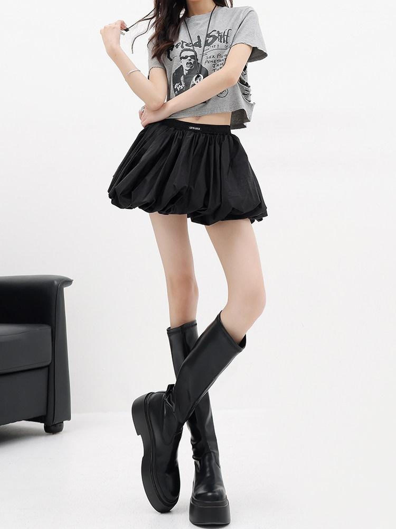 QIUQIU STUDIO Black A Line Tulip Bubble Hem Mid Waist Lined Solid Women&