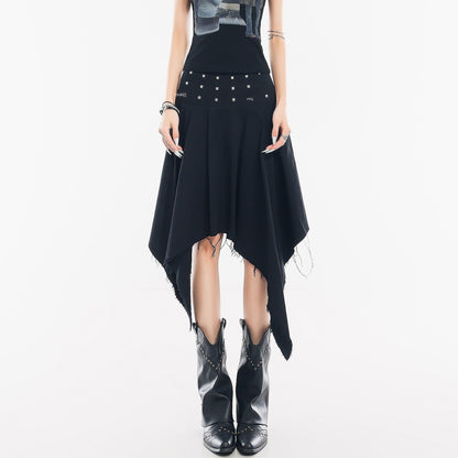 QIUQIU_STUDIO_Black_Asymmetrical_Irregular_Hem_Slim_Fit_A_Line_Women&