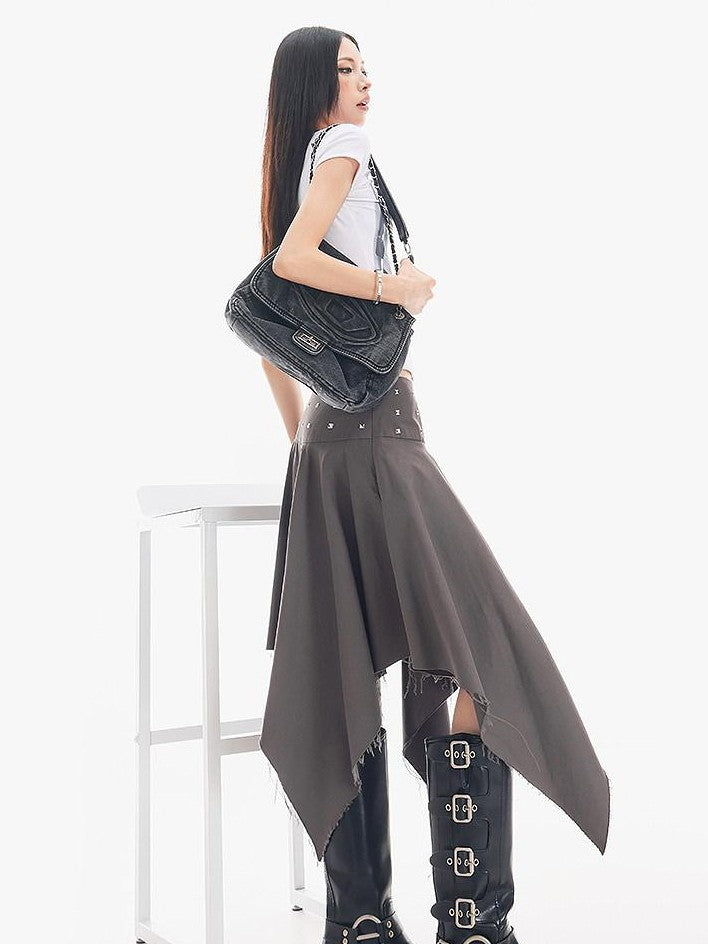 QIUQIU STUDIO Black Asymmetrical Irregular Hem Slim Fit A Line Women&