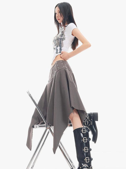 QIUQIU STUDIO Black Asymmetrical Irregular Hem Slim Fit A Line Women&