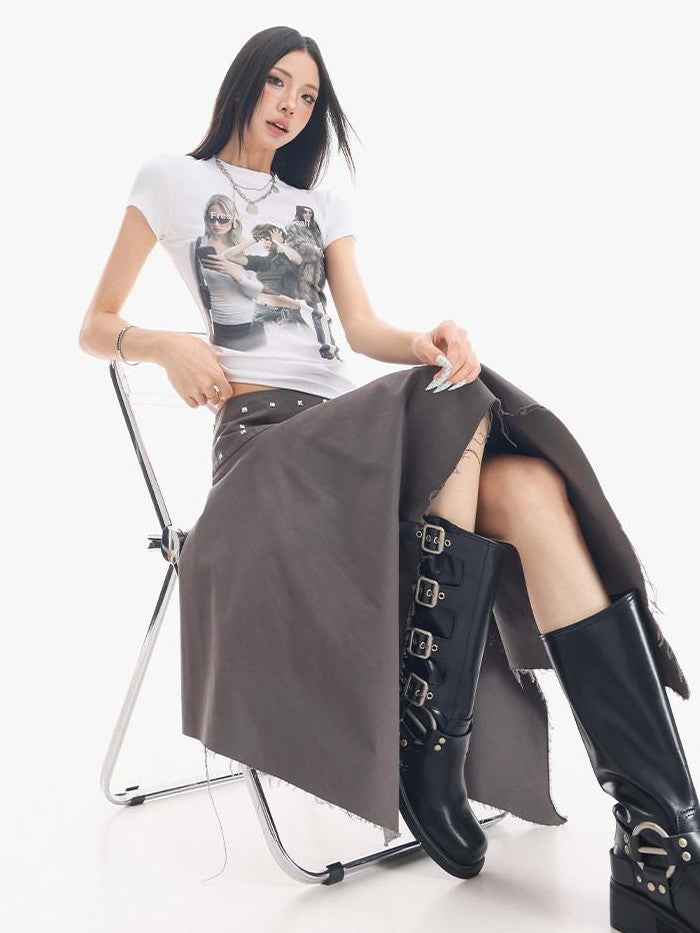 QIUQIU STUDIO Black Asymmetrical Irregular Hem Slim Fit A Line Women&