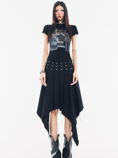 QIUQIU STUDIO Black Asymmetrical Irregular Hem Slim Fit A Line Women&