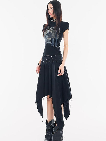 QIUQIU STUDIO Black Asymmetrical Irregular Hem Slim Fit A Line Women&