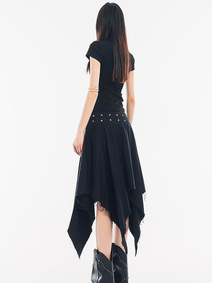 QIUQIU STUDIO Black Asymmetrical Irregular Hem Slim Fit A Line Women&