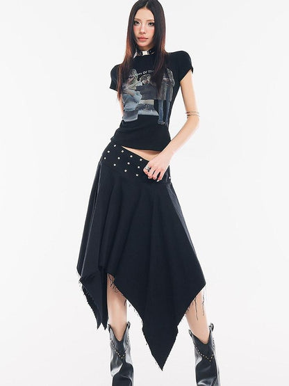 QIUQIU STUDIO Black Asymmetrical Irregular Hem Slim Fit A Line Women&