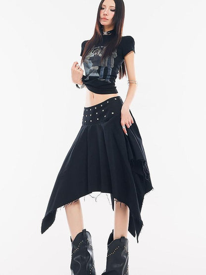 QIUQIU STUDIO Black Asymmetrical Irregular Hem Slim Fit A Line Women&