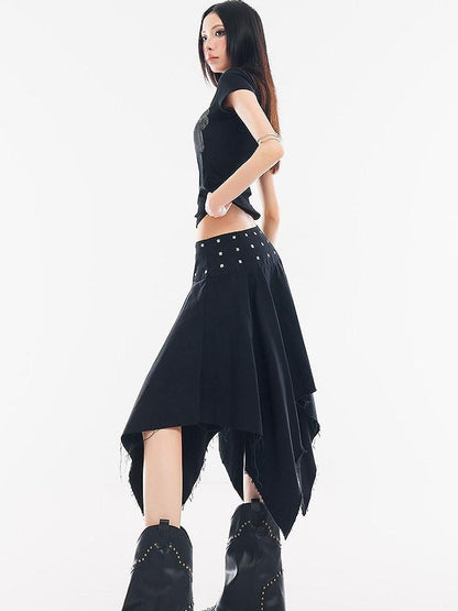 QIUQIU STUDIO Black Asymmetrical Irregular Hem Slim Fit A Line Women&
