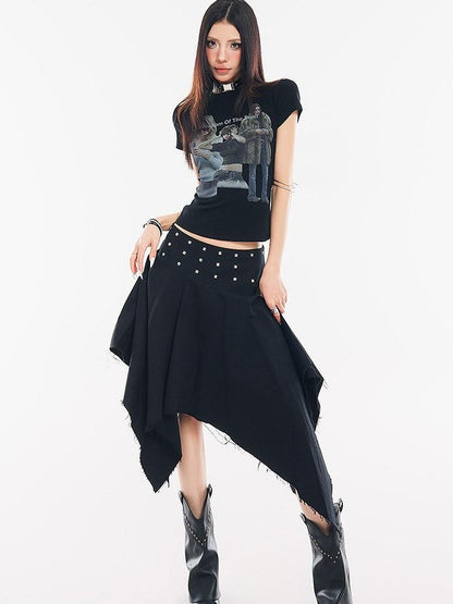 QIUQIU STUDIO Black Asymmetrical Irregular Hem Slim Fit A Line Women&