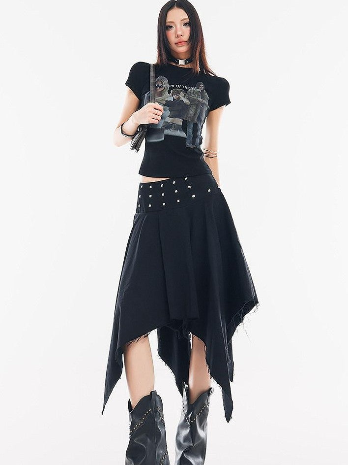 QIUQIU STUDIO Black Asymmetrical Irregular Hem Slim Fit A Line Women&