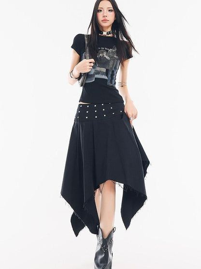 QIUQIU STUDIO Black Asymmetrical Irregular Hem Slim Fit A Line Women&