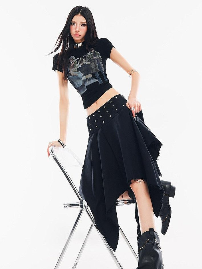 QIUQIU STUDIO Black Asymmetrical Irregular Hem Slim Fit A Line Women&