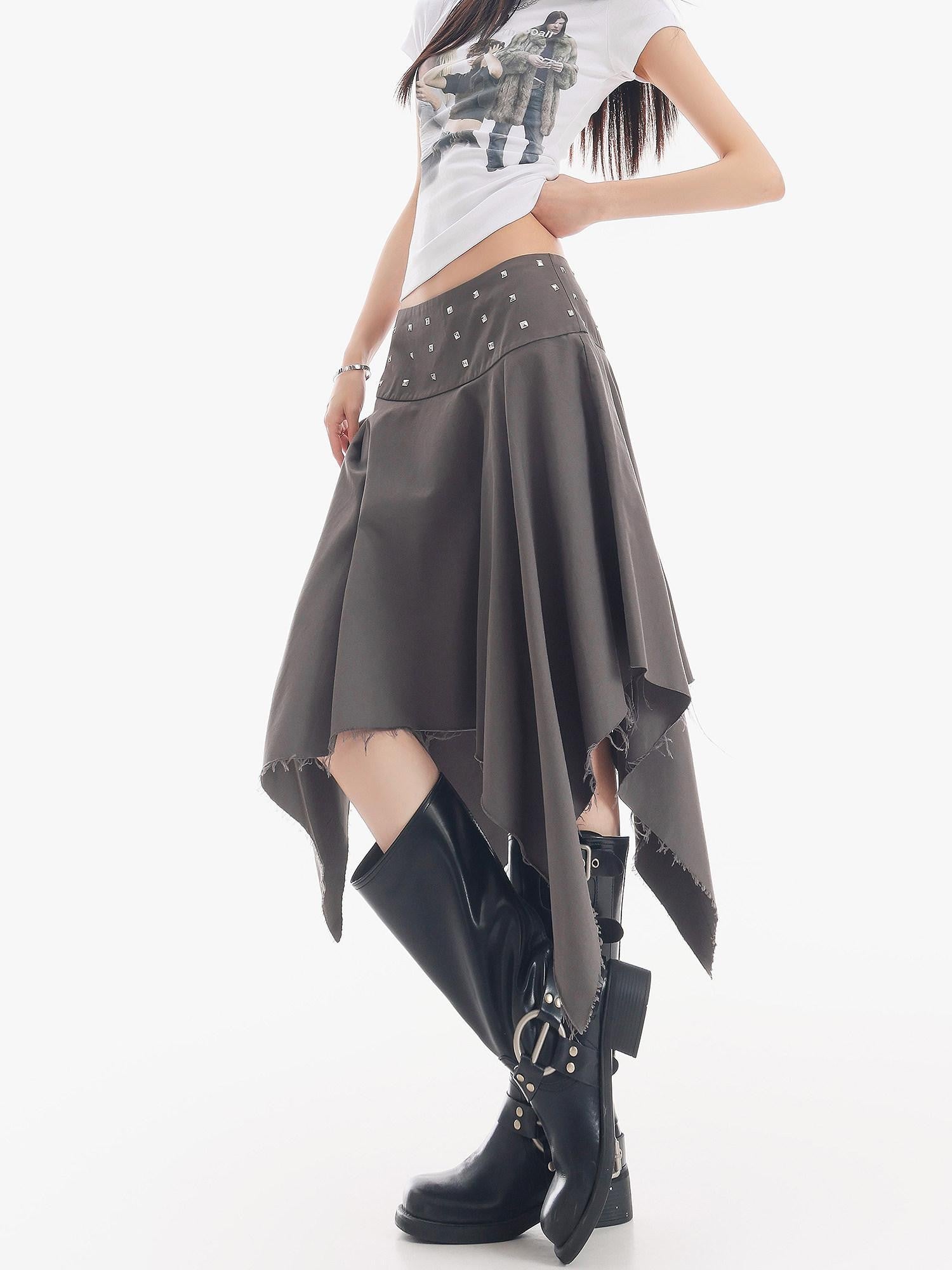 QIUQIU STUDIO Black Asymmetrical Irregular Hem Slim Fit A Line Women&
