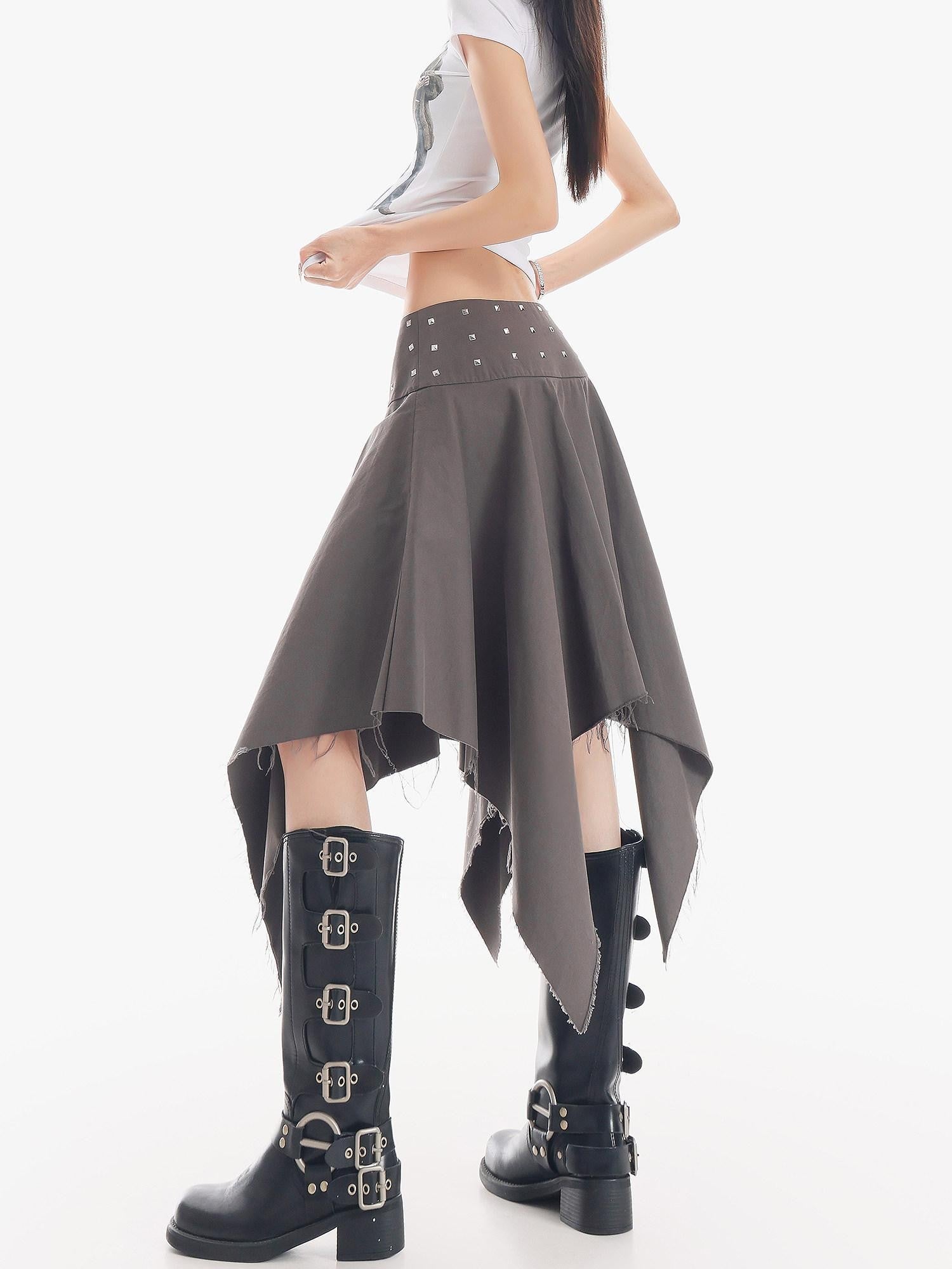 QIUQIU STUDIO Black Asymmetrical Irregular Hem Slim Fit A Line Women&