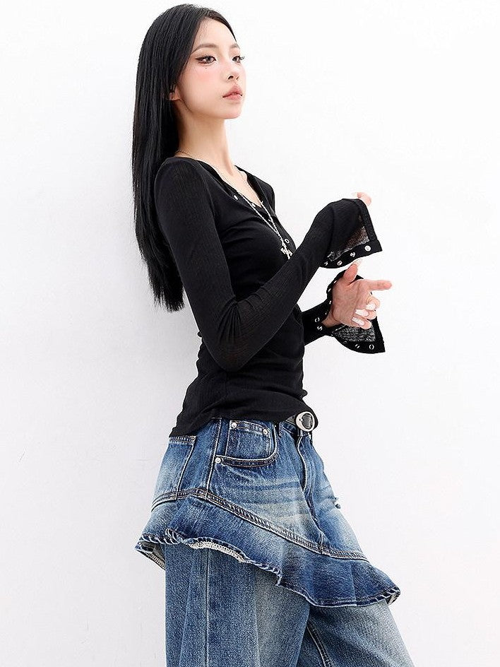 QIUQIU STUDIO Black Bell Sleeve Buttoned V-neck Slim Fit Women&