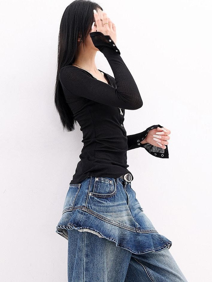 QIUQIU STUDIO Black Bell Sleeve Buttoned V-neck Slim Fit Women&