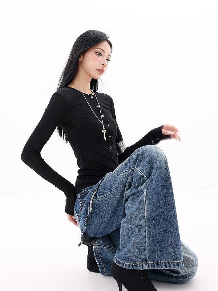QIUQIU STUDIO Black Bell Sleeve Buttoned V-neck Slim Fit Women&