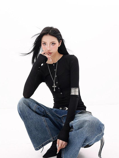 QIUQIU STUDIO Black Bell Sleeve Buttoned V-neck Slim Fit Women&