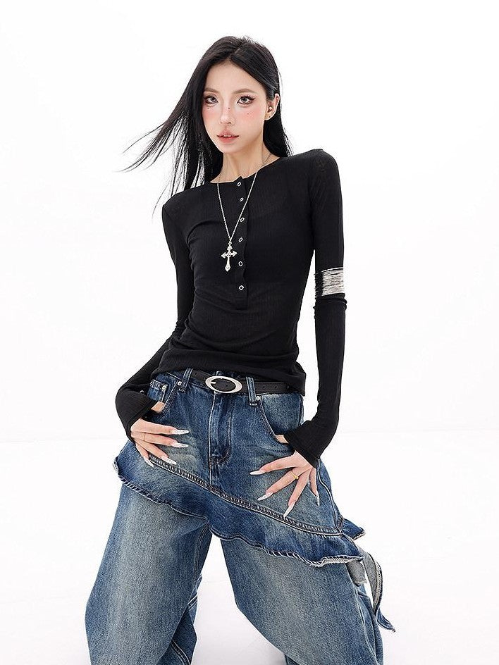 QIUQIU STUDIO Black Bell Sleeve Buttoned V-neck Slim Fit Women&