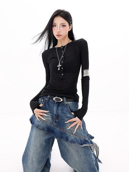 QIUQIU STUDIO Black Bell Sleeve Buttoned V-neck Slim Fit Women&