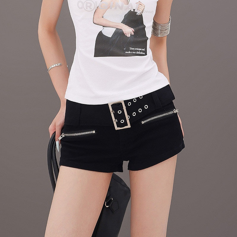 QIUQIU_STUDIO_Black_Belted_Heavy_Embellished_Pocketed_Zip_Fly_Slim_Hip_Women&