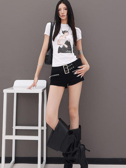 QIUQIU STUDIO Black Belted Heavy Embellished Pocketed Zip Fly Slim Hip Women&