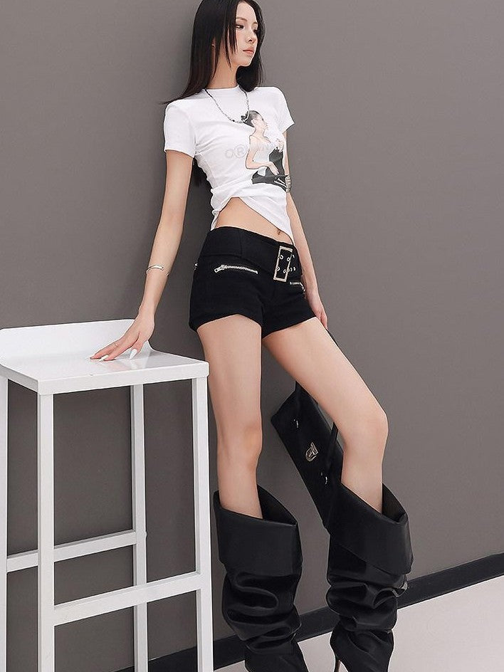 QIUQIU STUDIO Black Belted Heavy Embellished Pocketed Zip Fly Slim Hip Women&