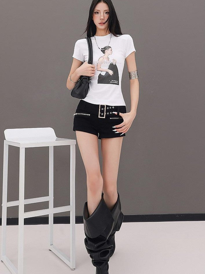 QIUQIU STUDIO Black Belted Heavy Embellished Pocketed Zip Fly Slim Hip Women&