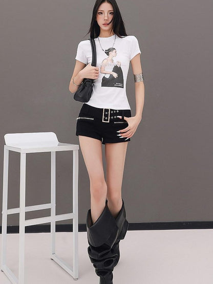 QIUQIU STUDIO Black Belted Heavy Embellished Pocketed Zip Fly Slim Hip Women&