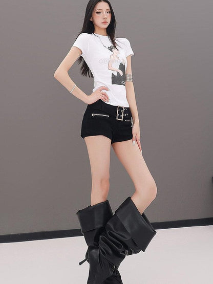 QIUQIU STUDIO Black Belted Heavy Embellished Pocketed Zip Fly Slim Hip Women&