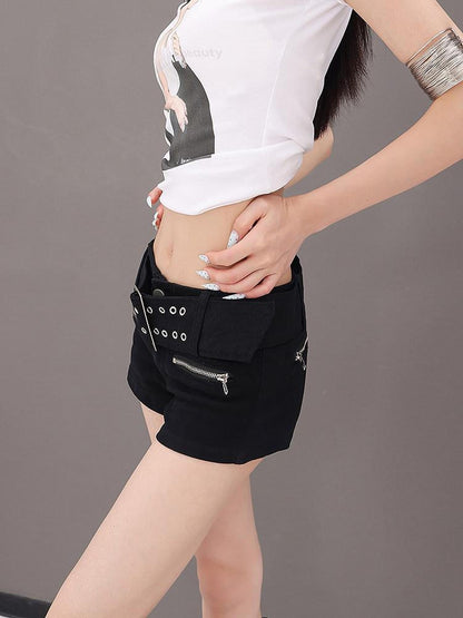 QIUQIU STUDIO Black Belted Heavy Embellished Pocketed Zip Fly Slim Hip Women&