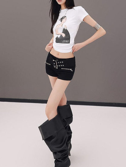 QIUQIU STUDIO Black Belted Heavy Embellished Pocketed Zip Fly Slim Hip Women&