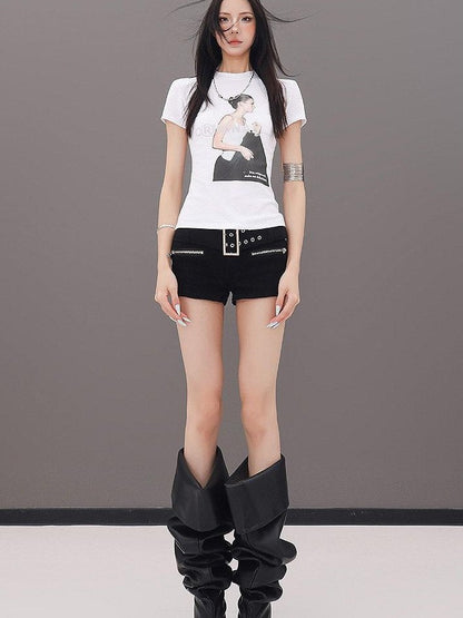 QIUQIU STUDIO Black Belted Heavy Embellished Pocketed Zip Fly Slim Hip Women&