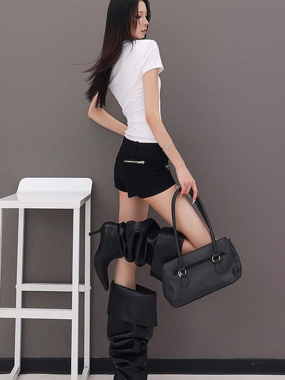 QIUQIU STUDIO Black Belted Heavy Embellished Pocketed Zip Fly Slim Hip Women&