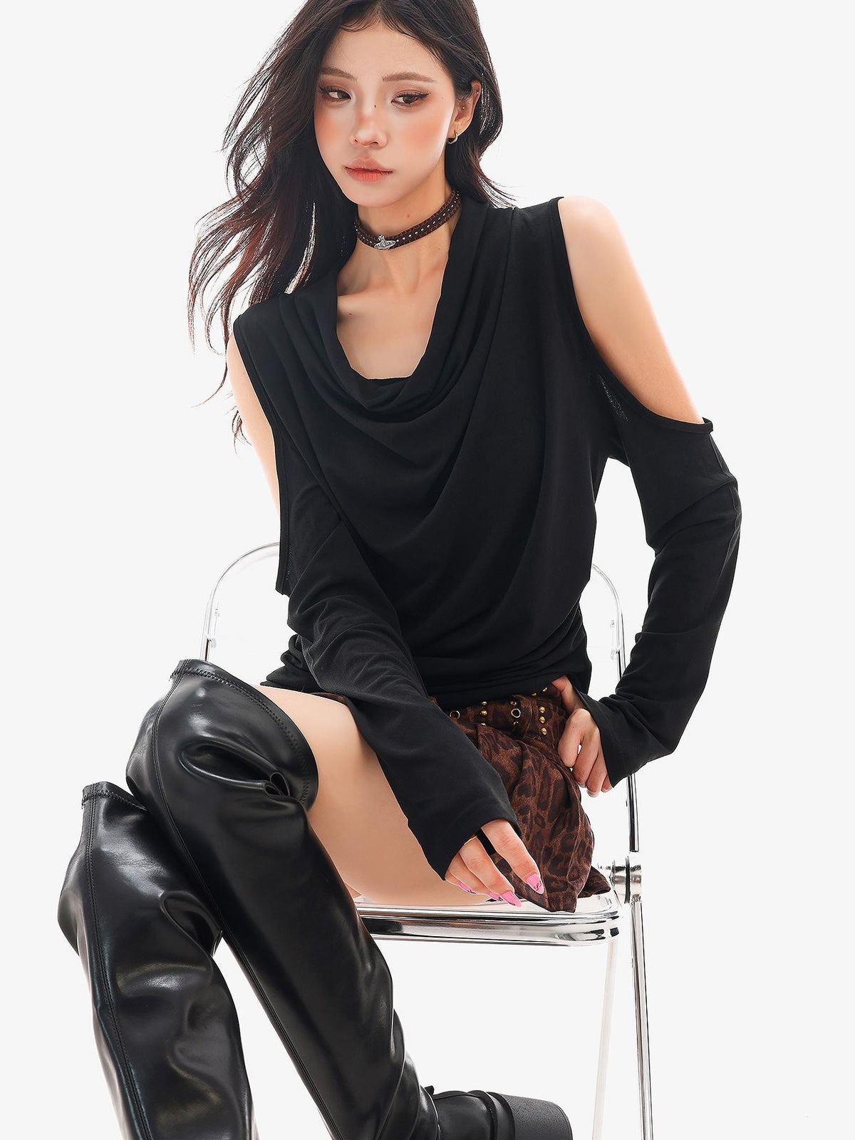 QIUQIU STUDIO Black Cold Shoulder Cowl Neck Loose Fit Women&