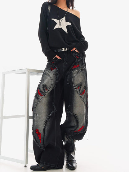 QIUQIU STUDIO Black Frayed Raw Edge Spliced Curved Women&