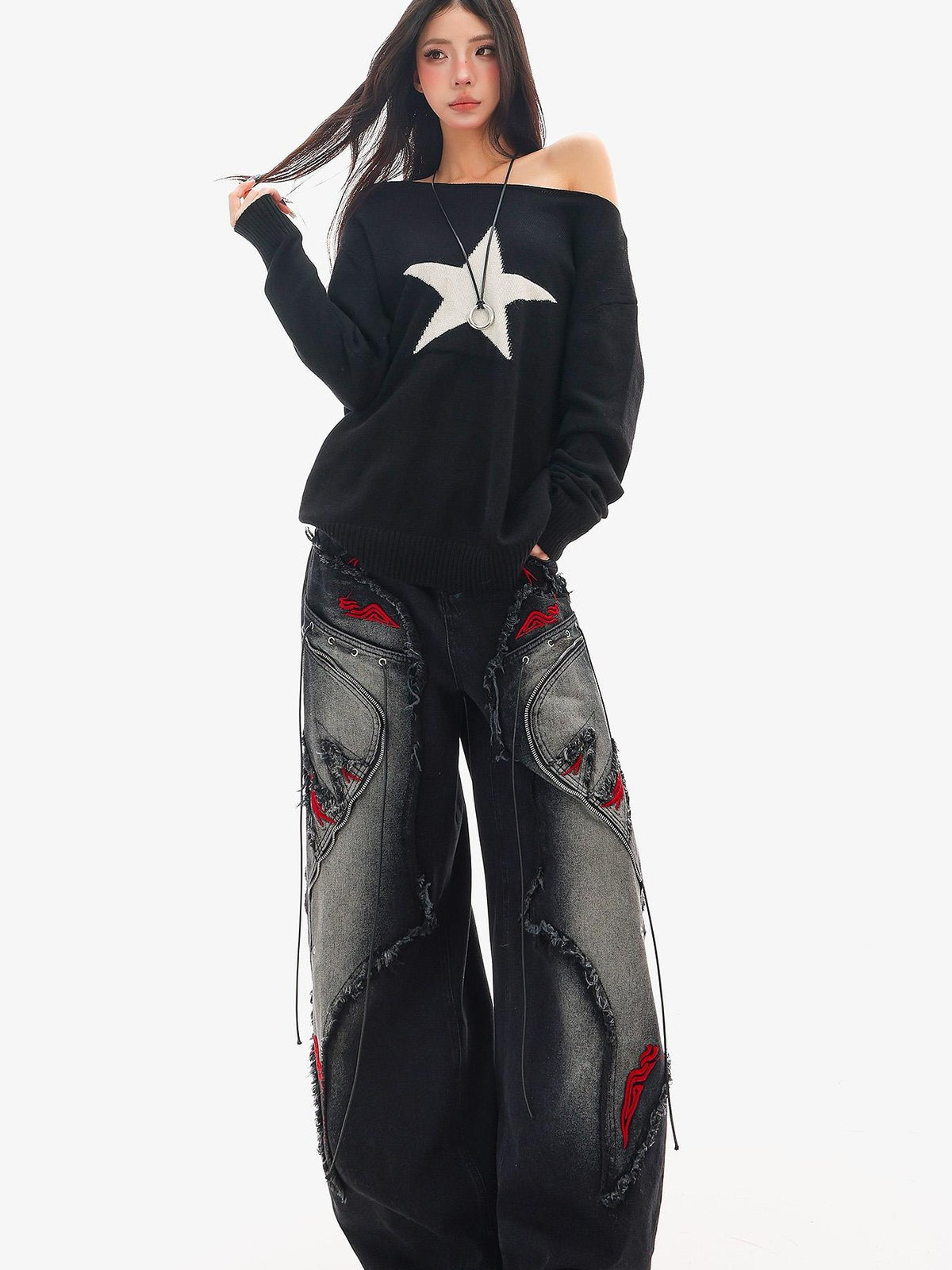 QIUQIU STUDIO Black Frayed Raw Edge Spliced Curved Women&