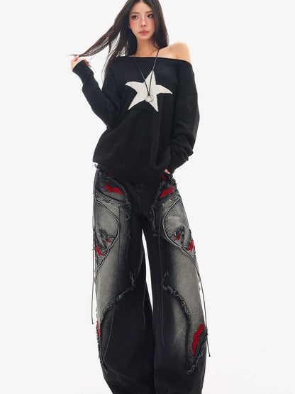QIUQIU STUDIO Black Frayed Raw Edge Spliced Curved Women&